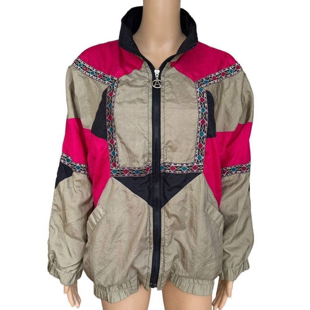 Adolfo Sport Vintage 80s Track Jacket Women Gold And Pink Full Zip Lined size M